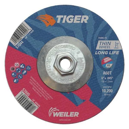 Tiger Cutting Wheel, Type 27, 6 in Dia, 0.045 in Thick, 7/8 in Arbor Hole Size, Aluminum Oxide 57045