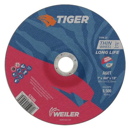 Tiger Cutting Wheel, Type 27, 7 in Dia, 0.06 in Thick, 7/8 in Arbor Hole Size, Aluminum Oxide 57046