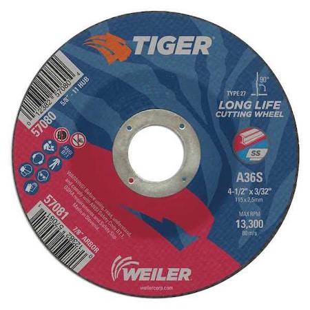 Tiger Cutting Wheel, Type 27, 4 1/2 in Dia, 0.0938 in Thick, 7/8 in Arbor Hole Size, Aluminum Oxide 57081