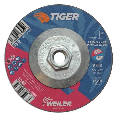 Tiger Cutting Wheel, Type 27, 5 in Dia, 0.0938 in Thick, 5/8 in-11 UNC Nut Arbor Hole Size 57082
