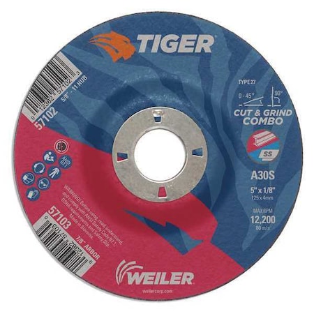 Tiger Combo Wheel, Type 27, 5 in Dia, 0.125 in Thick, 7/8 in Arbor Hole Size, Aluminum Oxide 57103