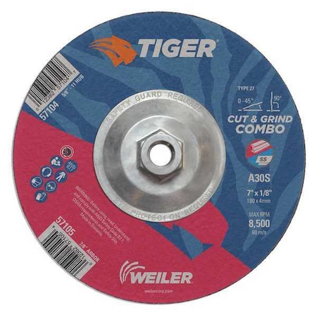 Tiger Combo Wheel, Type 27, 7 in Dia, 0.125 in Thick, 5/8 in-11 UNC Nut Arbor Hole Size, Aluminum Oxide 57104