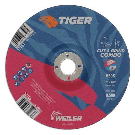 Tiger Combo Wheel, Type 27, 7 in Dia, 0.125 in Thick, 7/8 in Arbor Hole Size, Aluminum Oxide 57105