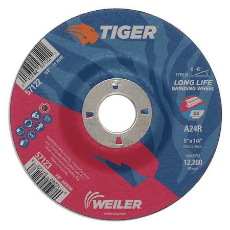 Tiger Grinding Wheel, Type 27, 5 in Dia, 1/4 in Thick, 7/8 in Arbor Hole Size, Aluminum Oxide 57123
