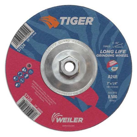 Tiger Grinding Wheel, Type 27, 7 in Dia, 1/4 in Thick, 5/8 in-11 UNC Nut Arbor Hole Size, Aluminum Oxide 57124