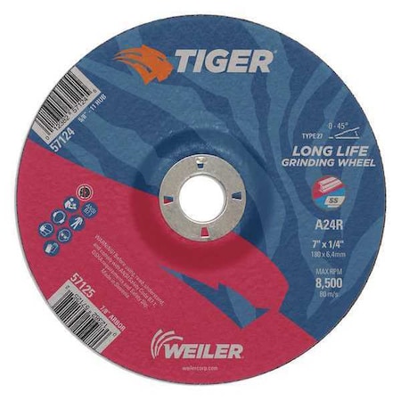 Tiger Grinding Wheel, Type 27, 7 in Dia, 1/4 in Thick, 7/8 in Arbor Hole Size, Aluminum Oxide 57125