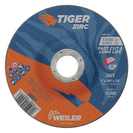 Tiger Zirc Cutting Wheel, Type 27, 5 in Dia, 0.045 in Thick, 7/8 in Arbor Hole Size, Zirconia Alumina 58021