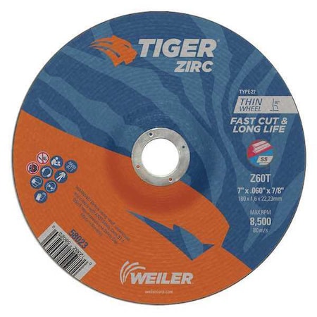 Tiger Zirc Cutting Wheel, Type 27, 7 in Dia, 0.06 in Thick, 7/8 in Arbor Hole Size, Zirconia Alumina 58023