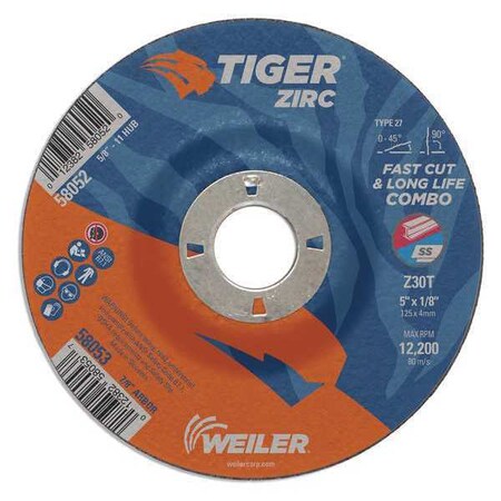 Tiger Zirc Combo Wheel, Type 27, 5 in Dia, 0.125 in Thick, 7/8 in Arbor Hole Size, Zirconia Alumina 58053