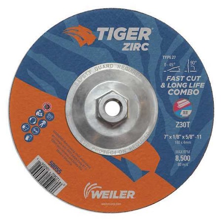 Tiger Zirc Combo Wheel, Type 27, 7 in Dia, 0.125 in Thick, 5/8 in-11 UNC Nut Arbor Hole Size, Zirconia Alumina 58055