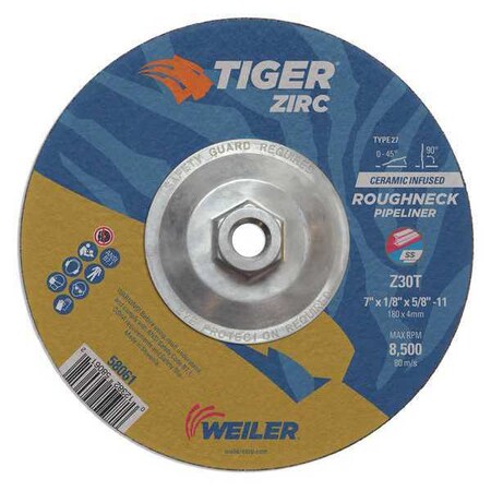 Weiler Combo Wheel, Type 27, 7 in Dia, 0.125 in Thick, 5/8 in-11 UNC Nut Arbor Hole Size, Zirconia Alumina 58094