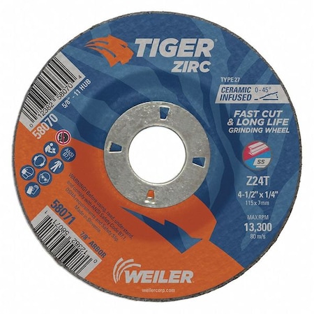 Tiger Zirc Grinding Wheel, Type 27, 4 1/2 in Dia, 1/4 in Thick, 7/8 in Arbor Hole Size, Zirconia Alumina 58071