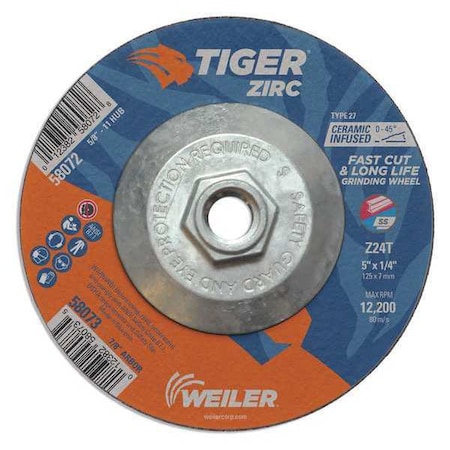 Tiger Zirc Grinding Wheel, Type 27, 5 in Dia, 1/4 in Thick, 5/8 in-11 UNC Nut Arbor Hole Size 58072