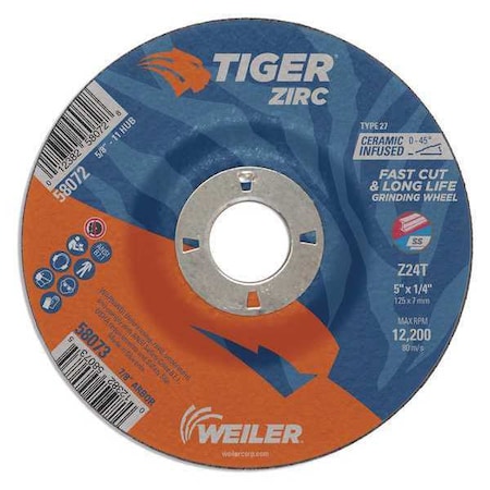 Tiger Zirc Grinding Wheel, Type 27, 5 in Dia, 1/4 in Thick, 7/8 in Arbor Hole Size, Zirconia Alumina 58073