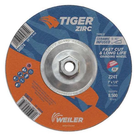 Tiger Zirc Grinding Wheel, Type 27, 7 in Dia, 1/4 in Thick, 5/8 in-11 UNC Nut Arbor Hole Size 58074