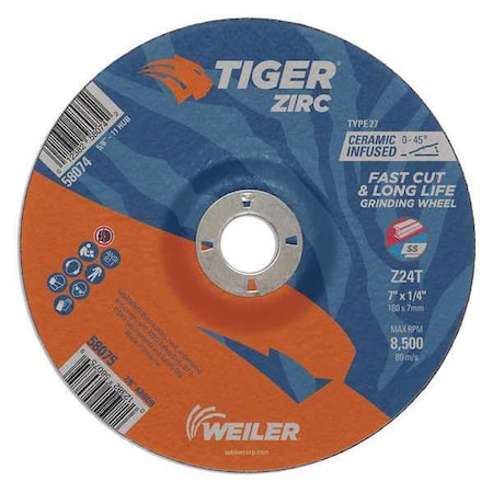 Tiger Zirc Grinding Wheel, Type 27, 7 in Dia, 1/4 in Thick, 7/8 in Arbor Hole Size, Zirconia Alumina 58075