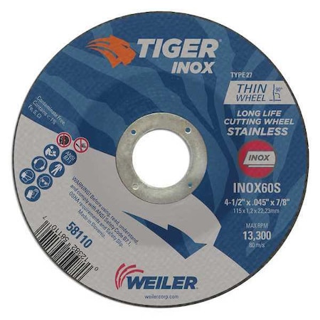 Tiger Inox Cutting Wheel, Type 27, 4 1/2 in Dia, 0.045 in Thick, 7/8 in Arbor Hole Size, Aluminum Oxide 58110