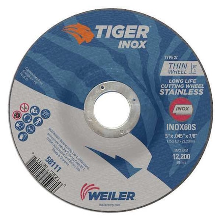 Tiger Inox Cutting Wheel, Type 27, 5 in Dia, 0.045 in Thick, 7/8 in Arbor Hole Size, Aluminum Oxide 58111