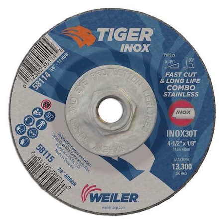Tiger Inox Cutting Wheel, Type 27, 4 1/2 in Dia, 0.125 in Thick, 5/8 in-11 UNC Nut Arbor Hole Size 58114