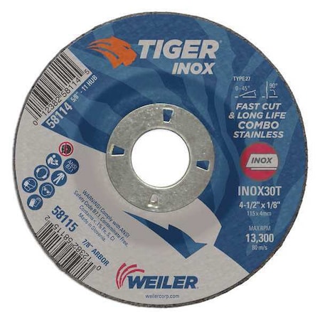 Tiger Inox Cutting Wheel, Type 27, 4 1/2 in Dia, 0.125 in Thick, 7/8 in Arbor Hole Size, Aluminum Oxide 58115