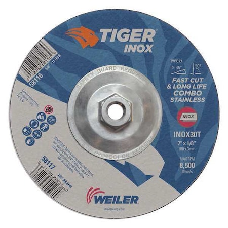 WEILER Cutting Wheel, Type 27, 0.125 in Thick, Aluminum Oxide 58116