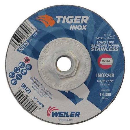 Tiger Inox Grinding Wheel, Type 27, 4 1/2 in Dia, 1/4 in Thick, 5/8 in-11 UNC Nut Arbor Hole Size 58120