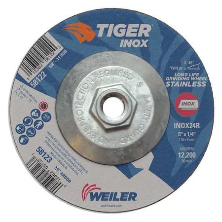 Tiger Inox Grinding Wheel, Type 27, 5 in Dia, 1/4 in Thick, 5/8 in-11 UNC Nut Arbor Hole Size, Aluminum Oxide 58122