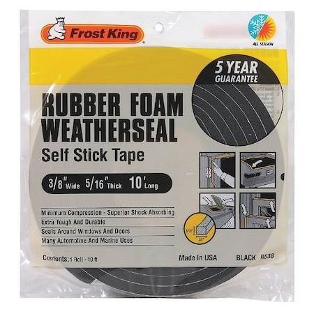 Frost King Spnge Rubber Foam Tape, 3/8Inx10 ft, 8 mil, Insert Color: Black R538H