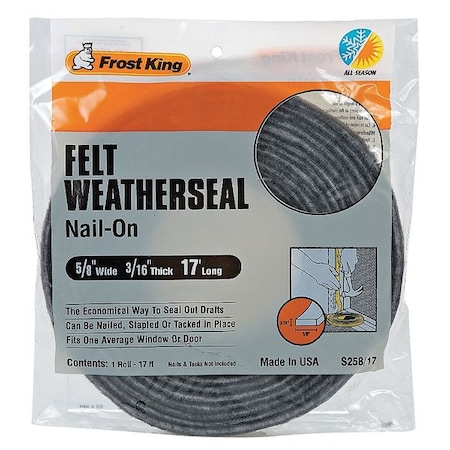 Frost King 5/8"W x 3/16"H x 17'L, Felt Weatherseal, Gray S258/17H