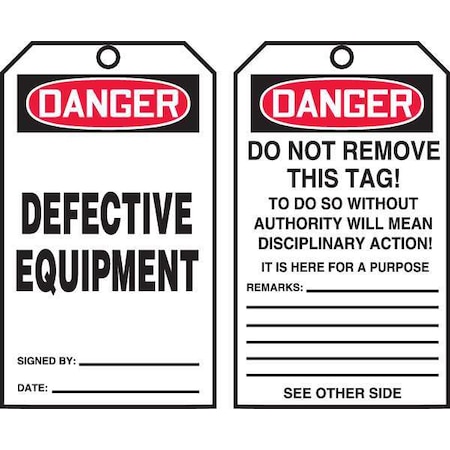 Accuform Danger Tag By The Roll, General Safety, Cardstock, 6 1/4 in H x 3 in W, White, Rectangle, 250 PK TAR138