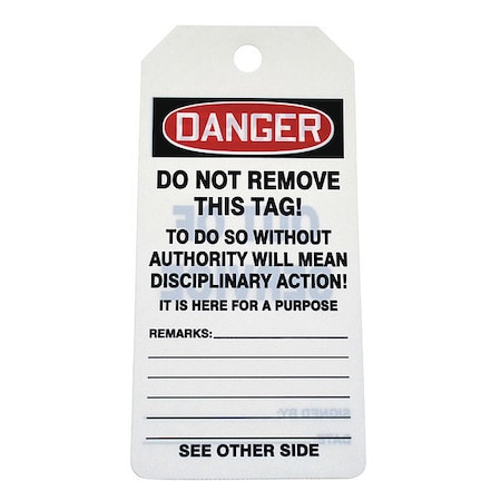 Zoro Select Tag, Danger, PVC, 6 1/4 in H x 3 in W, White, Rectangle, 100 PK 43Z193