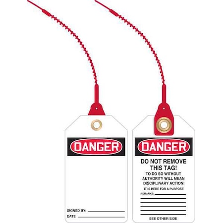 Accuform Loop n Lock Danger Tag, General Safety, Plastic, 5 7/8 in H x 3 3/8 in W, White, Rectangle, 10 PK TAK615