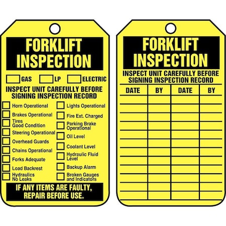 Accuform Tag, Forklift, Plastic, 5 3/4 in H x 3 1/4 in W, Rectangle, 25 PK TRS305PTP