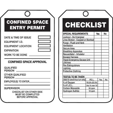 Accuform Permit Tag, Confined Space, Plastic, 5 3/4 in H x 3 1/4 in W, White, Rectangle, 25 PK TCS319PTP