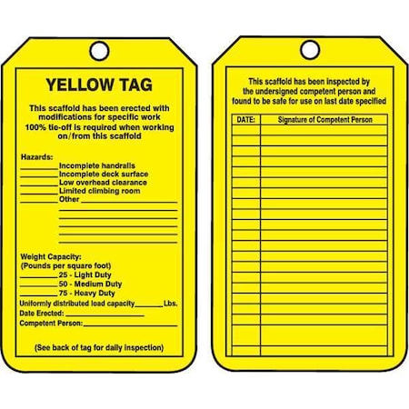 Accuform Tag, Yellow Tag, Plastic, 5 3/4 in H x 3 1/4 in W, Yellow, Rectangle, 25 PK TRS208PTP