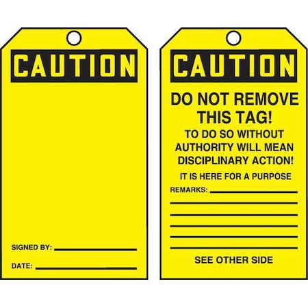 Accuform Caution Tag By The Roll, General Safety, Cardstock, 6 1/4 in H x 3 in W, Yellow, Rectangle, 250 PK TAR156