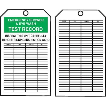 Accuform Tag, Emergency Shower & Eye Wash Test, Cardstock, 6 1/4 in H x 3 in W, White, Rectangle, 250 PK TAR738