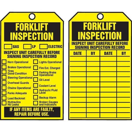 Accuform Tag, Forklift, Cardstock, 6 1/4 in H x 3 in W, Yellow, Rectangle, 250 PK TAR722