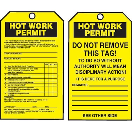 Accuform Permit Tag By The Roll, Status Alert, Cardstock, 6 1/4 in H x 3 in W, Yellow, Rectangle, 100 PK TAR706