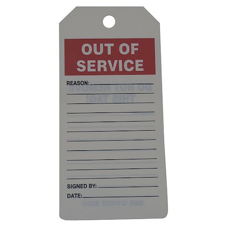 Zoro Select Tag, Out Of Service, PVC, 6 1/4 in H x 3 in W, White, Rectangle, 100 PK 43Z230