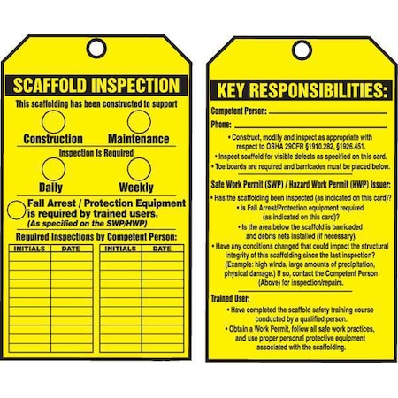 Accuform Tag, Scaffold, Cardstock, 6 1/4 in H x 3 in W, Yellow, Rectangle, 100 PK TAR718