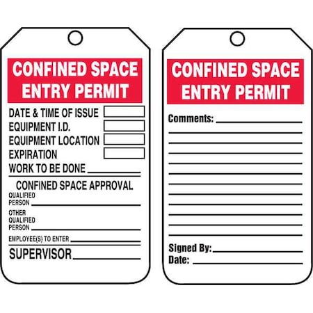 Accuform Permit Tag, Confined Space, Plastic, 5 3/4 in H x 3 1/4 in W, White, Rectangle, 25 PK TCS323PTP