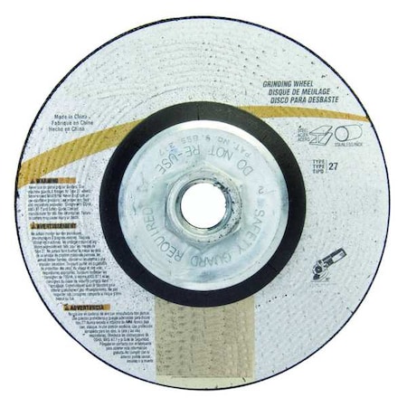Zoro Select Depressed Center Grinding Wheel, Type 27, 4 1/2 in Dia, 0.25 in Thick, 5/8"-11 Arbor Hole Size 05539561568