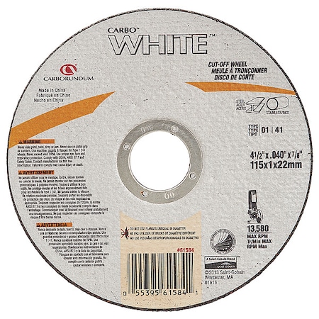 Zoro Select Abrasive Cut-Off Wheel, Type 1, 4 1/2 in Dia, 0.04 in Thick, 7/8 in Arbor Hole Size, Aluminum Oxide 05539561584