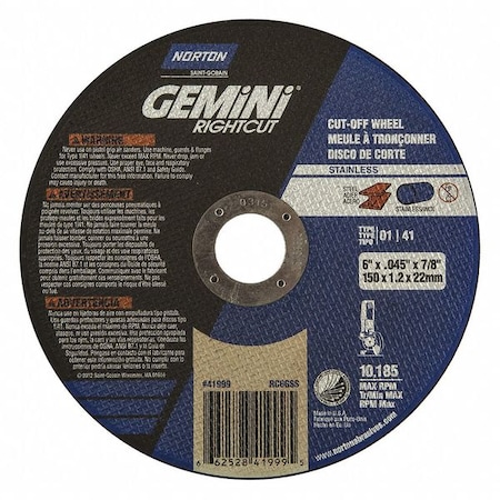 Norton Abrasives Abrasive Cut-Off Wheel, Type 1, 6 in Dia, 0.045 in Thick, 7/8 in Arbor Hole Size, Aluminum Oxide 66252841999