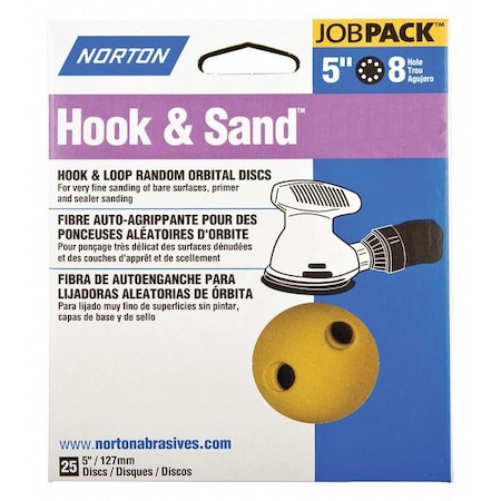 Norton Abrasives Hook-and-Loop Sanding Disc, 5" Dia, 8 Hole, Aluminum Oxide, P120 Grit, Coated Type, A296 07660749221