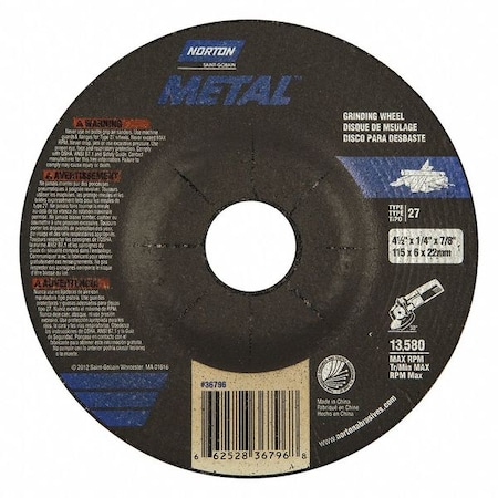 Norton Abrasives Depressed Center Grinding Wheel, Type 27, 4 1/2 in Dia, 0.25 in Thick, 7/8 in Arbor Hole Size 66252836796