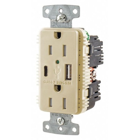 Hubbell Wiring Device-Kellems USB Charger Receptacle, 15 Amps, 125V AC, Flush Mount, Decorator Duplex Outlet, 5-15R, Ivory USB15AC5I