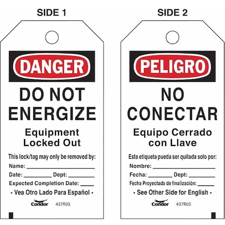 Condor Lockout Tag, Danger/Peligro, Polyester, 3 in Width, 5 3/4 in Height, Write On Surface: Yes , 25 PK CNDR-51511-2