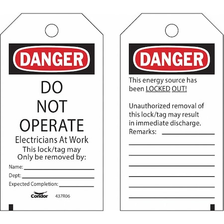 Zoro Select Lockout Tag, Danger/Peligro, Polyester, 3 in Width, 5 3/4 in Height, Write On Surface: Yes , 25 PK CNDR-51511-3